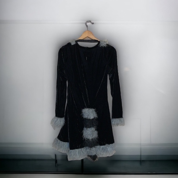 90s Black Cat Velvet Velour Quarter Sleeve Mini Dress Costume Plus Tail Size M/L - Picture 3 of 6